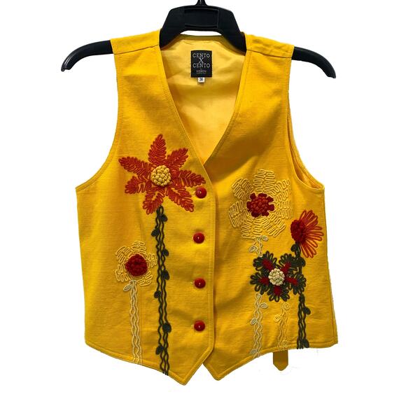 Cento x Cento Yellow Linen Blend Vest w Floral Embroidery | Italy 38 XS/S - Picture 4 of 9